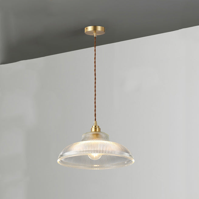 Suspension lumineuse 1 ampoule en verre ondulé en laiton et bois avec haut-parleur semi-circulaire japonais traditionnel pour salon 