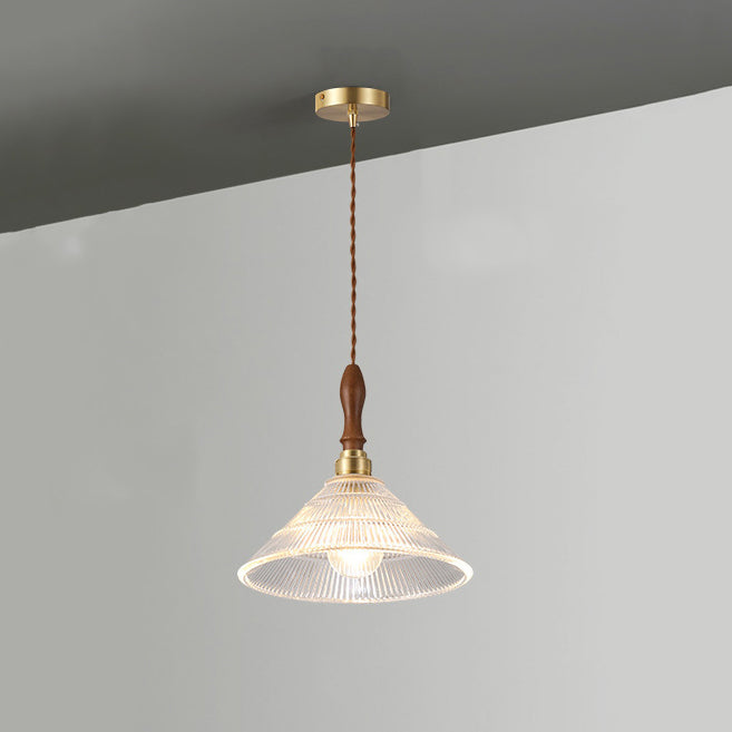 Suspension lumineuse 1 ampoule en verre ondulé en laiton et bois avec haut-parleur semi-circulaire japonais traditionnel pour salon 