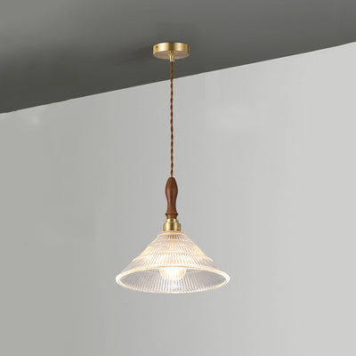 Traditional Japanese Semicircular Loudspeaker Ripple Glass Brass Wood 1-Light Pendant Light For Living Room
