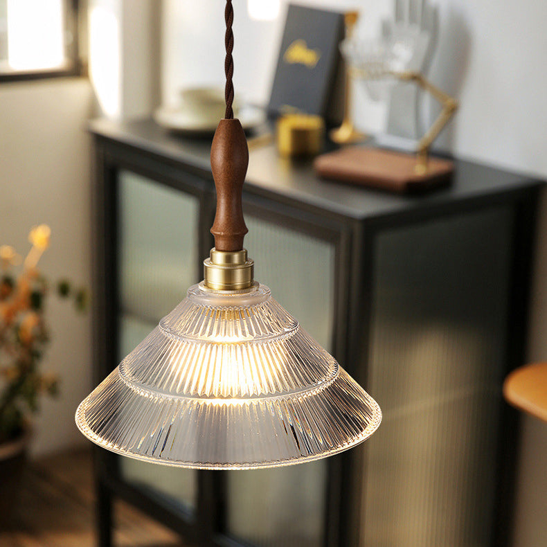 Suspension lumineuse 1 ampoule en verre ondulé en laiton et bois avec haut-parleur semi-circulaire japonais traditionnel pour salon 