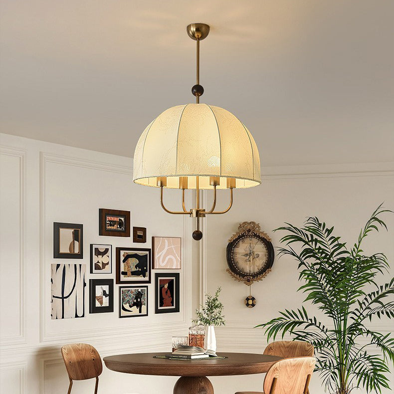 Traditionelle französische Kuppel Rund Blumenform Holz Eisenrahmen Stoff 4/5- Licht Pendelleuchte Für Wohnzimmer 