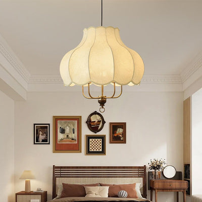 Traditionelle französische Kuppel Rund Blumenform Holz Eisenrahmen Stoff 4/5- Licht Pendelleuchte Für Wohnzimmer 