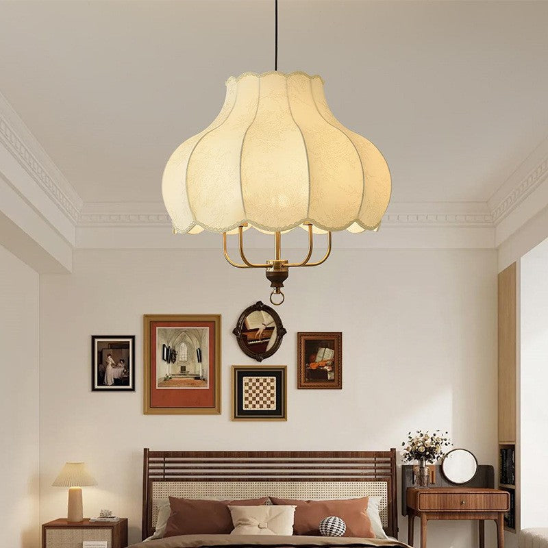 Traditionelle französische Kuppel Rund Blumenform Holz Eisenrahmen Stoff 4/5- Licht Pendelleuchte Für Wohnzimmer 