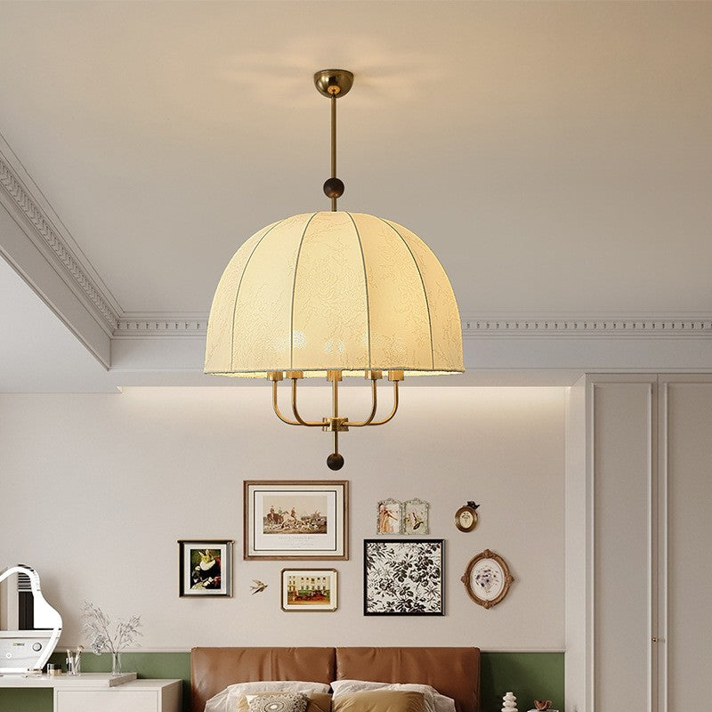 Traditionelle französische Kuppel Rund Blumenform Holz Eisenrahmen Stoff 4/5- Licht Pendelleuchte Für Wohnzimmer 