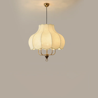 Traditionelle französische Kuppel Rund Blumenform Holz Eisenrahmen Stoff 4/5- Licht Pendelleuchte Für Wohnzimmer 