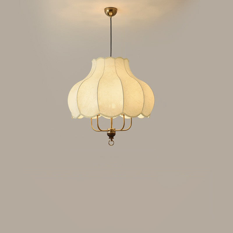 Traditionelle französische Kuppel Rund Blumenform Holz Eisenrahmen Stoff 4/5- Licht Pendelleuchte Für Wohnzimmer 