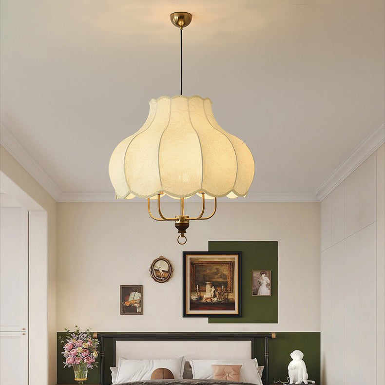 Traditionelle französische Kuppel Rund Blumenform Holz Eisenrahmen Stoff 4/5- Licht Pendelleuchte Für Wohnzimmer 