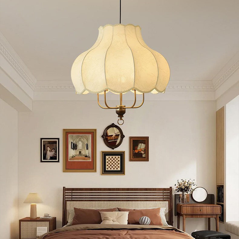 Traditionelle französische Kuppel Rund Blumenform Holz Eisenrahmen Stoff 4/5- Licht Pendelleuchte Für Wohnzimmer 