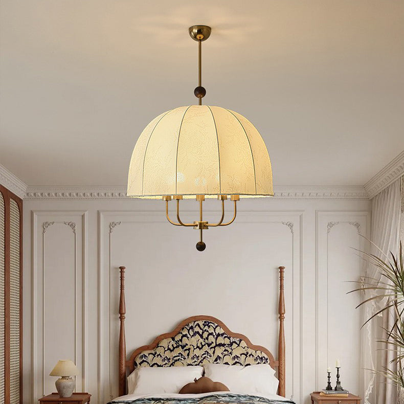 Traditionelle französische Kuppel Rund Blumenform Holz Eisenrahmen Stoff 4/5- Licht Pendelleuchte Für Wohnzimmer 