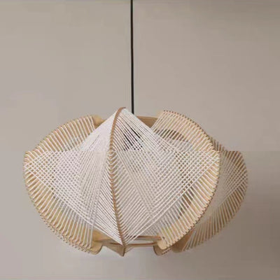 Contemporary Boho Wood Handmade Rattan Nest Shaped 1-Light Pendant Light For Living Room