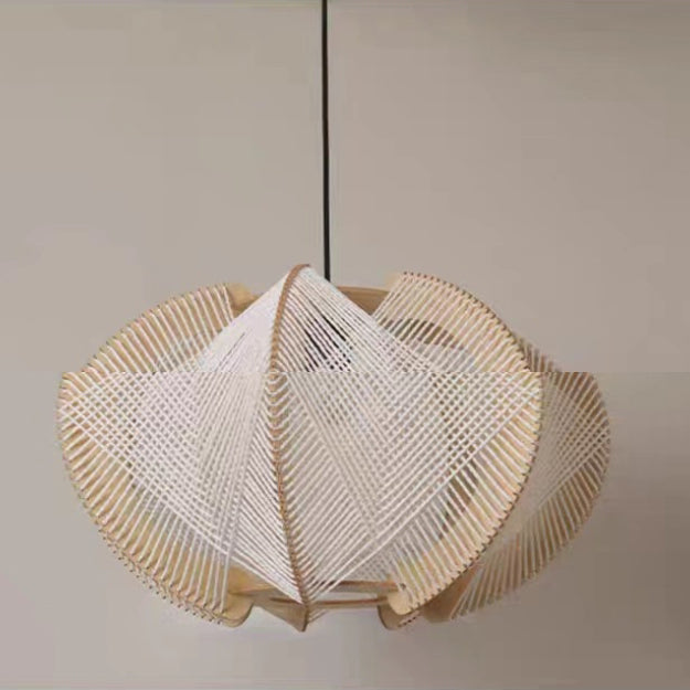 Contemporary Boho Wood Handmade Rattan Nest Shaped 1-Light Pendant Light For Living Room