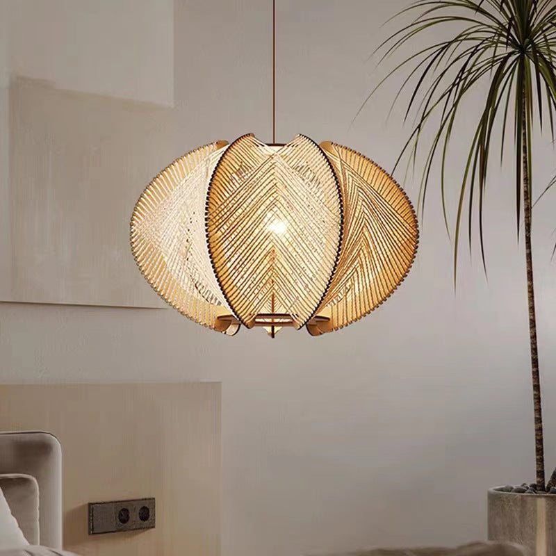 Contemporary Boho Wood Handmade Rattan Nest Shaped 1-Light Pendant Light For Living Room