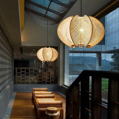 Contemporary Boho Wood Handmade Rattan Nest Shaped 1-Light Pendant Light For Living Room