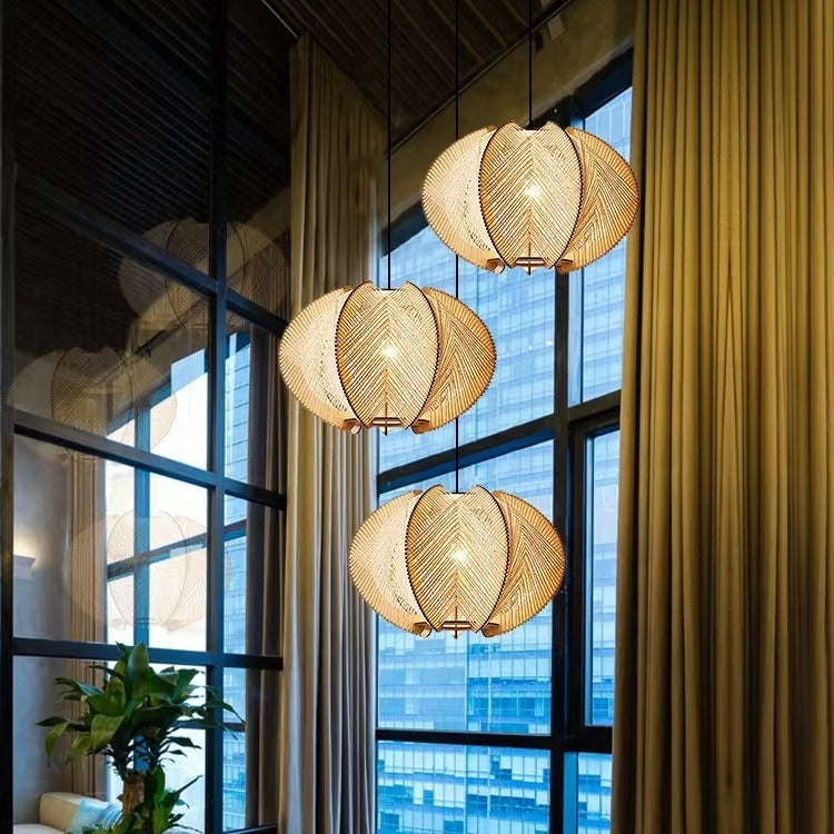 Contemporary Boho Wood Handmade Rattan Nest Shaped 1-Light Pendant Light For Living Room