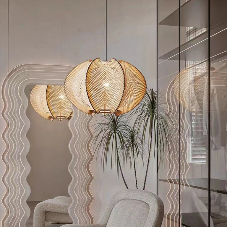 Contemporary Boho Wood Handmade Rattan Nest Shaped 1-Light Pendant Light For Living Room