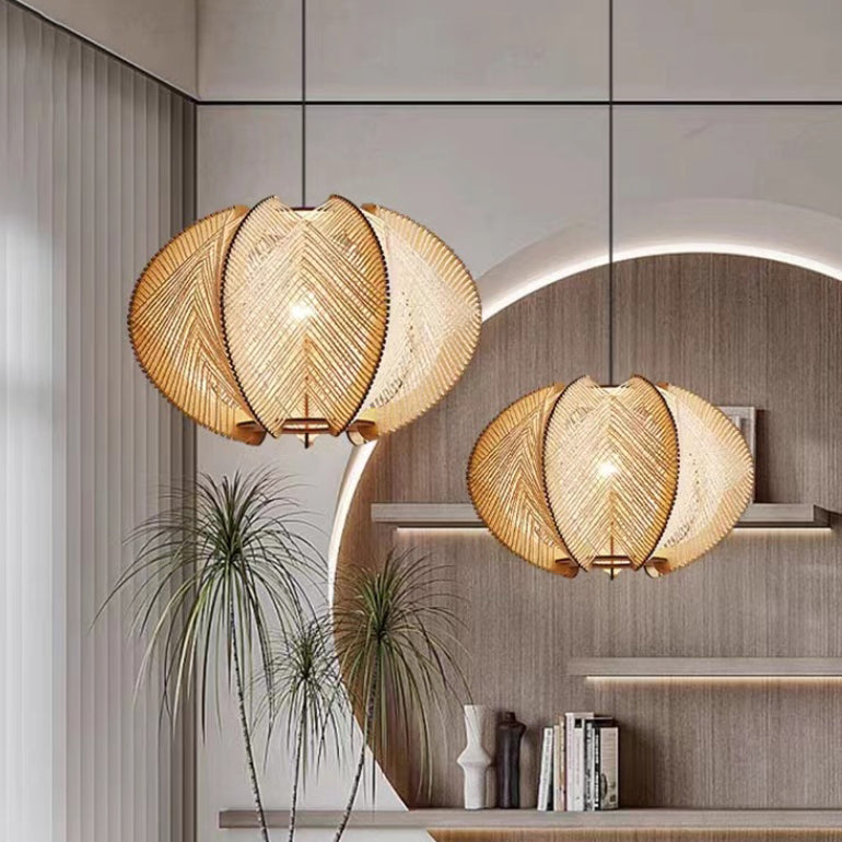 Contemporary Boho Wood Handmade Rattan Nest Shaped 1-Light Pendant Light For Living Room