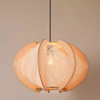 Contemporary Boho Wood Handmade Rattan Nest Shaped 1-Light Pendant Light For Living Room