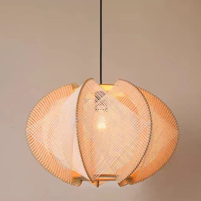 Contemporary Boho Wood Handmade Rattan Nest Shaped 1-Light Pendant Light For Living Room