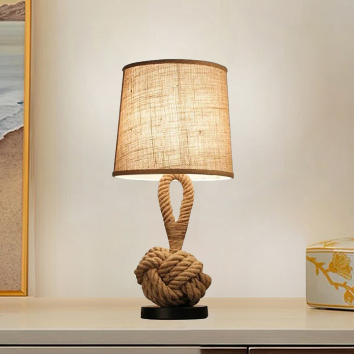 Lampe de table 1 lumière en fer et tissu avec motif de nœud de corde torsadée nautique créative contemporaine en forme de tambour pour chambre à coucher 