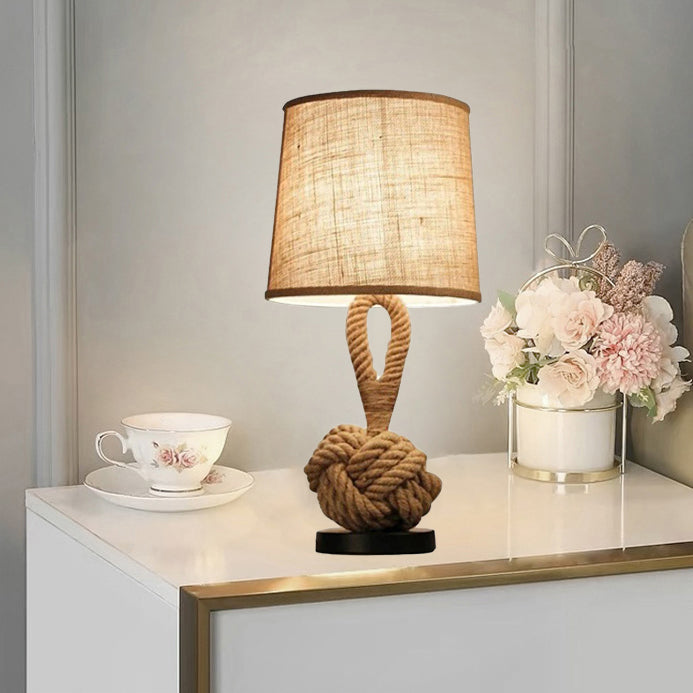 Lampe de table 1 lumière en fer et tissu avec motif de nœud de corde torsadée nautique créative contemporaine en forme de tambour pour chambre à coucher 