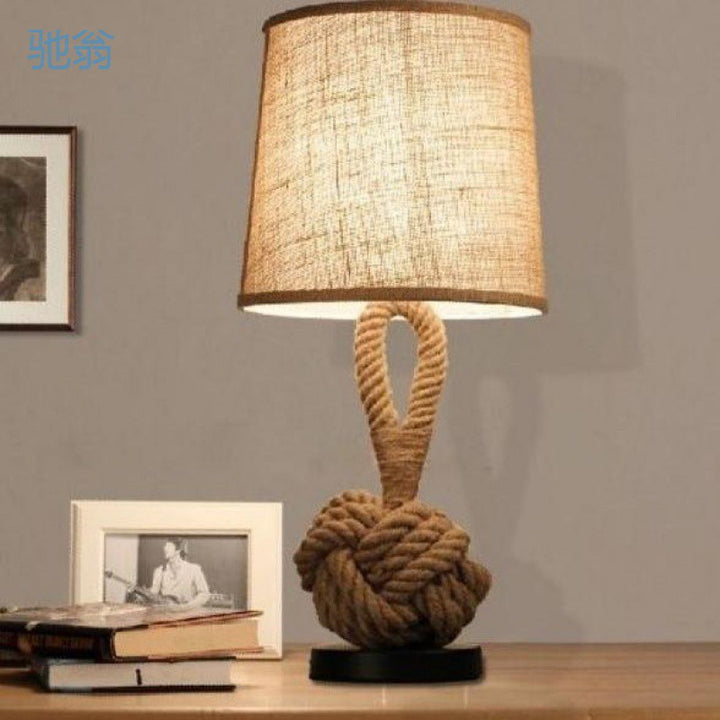 Lampe de table 1 lumière en fer et tissu avec motif de nœud de corde torsadée nautique créative contemporaine en forme de tambour pour chambre à coucher 