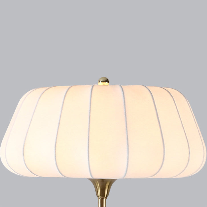 Lampe de table contemporaine rétro en bois, laiton et soie, forme tambour, 1 lumière pour chambre 