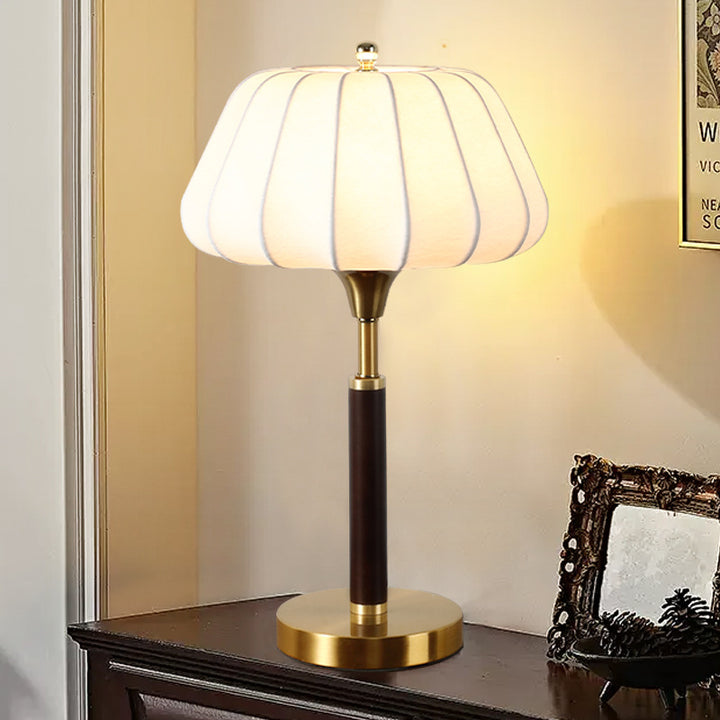 Lampe de table contemporaine rétro en bois, laiton et soie, forme tambour, 1 lumière pour chambre 