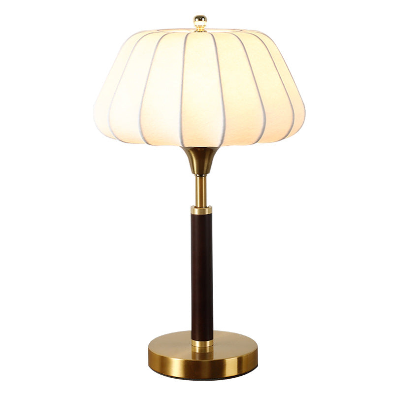 Lampe de table contemporaine rétro en bois, laiton et soie, forme tambour, 1 lumière pour chambre 
