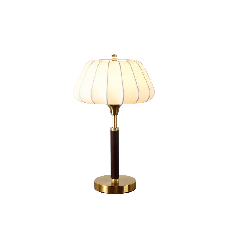 Lampe de table contemporaine rétro en bois, laiton et soie, forme tambour, 1 lumière pour chambre 