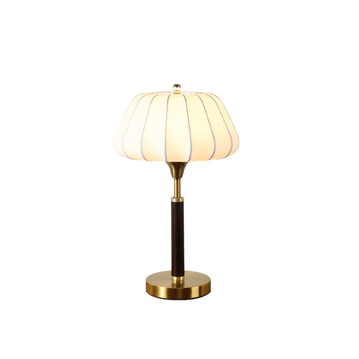 Lampe de table contemporaine rétro en bois, laiton et soie, forme tambour, 1 lumière pour chambre 
