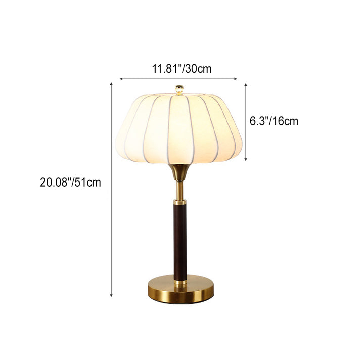 Lampe de table contemporaine rétro en bois, laiton et soie, forme tambour, 1 lumière pour chambre 