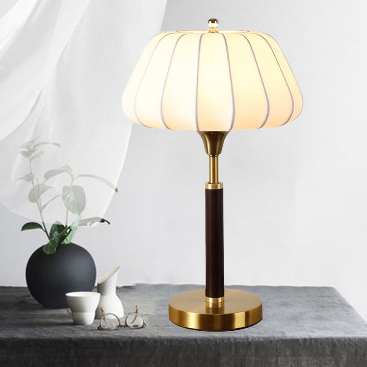 Lampe de table contemporaine rétro en bois, laiton et soie, forme tambour, 1 lumière pour chambre 