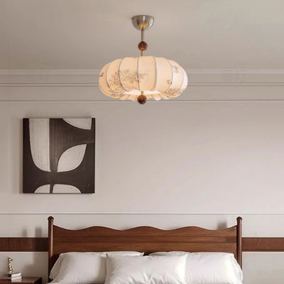 Traditionelle französische Kürbisform Blumenmuster Stoff Massivholz 3/5-Licht Kronleuchter für Wohnzimmer 