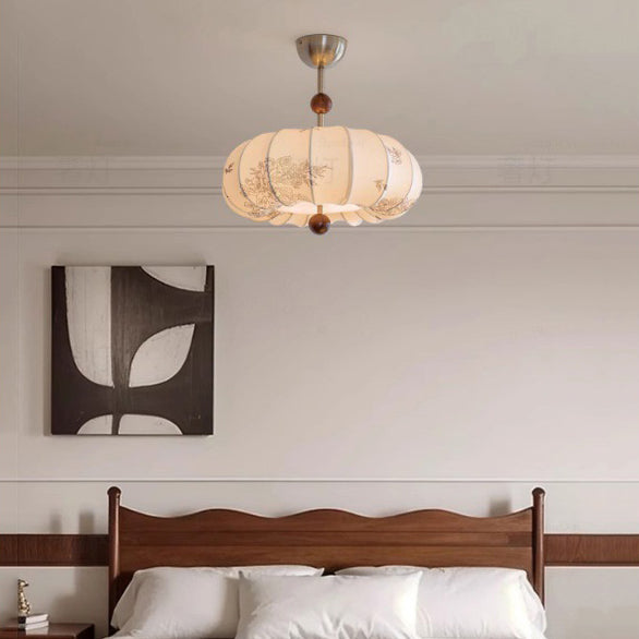 Traditionelle französische Kürbisform Blumenmuster Stoff Massivholz 3/5-Licht Kronleuchter für Wohnzimmer 
