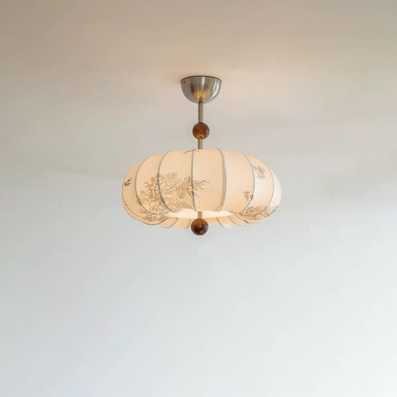 Traditionelle französische Kürbisform Blumenmuster Stoff Massivholz 3/5-Licht Kronleuchter für Wohnzimmer 
