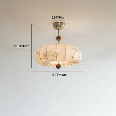 Traditionelle französische Kürbisform Blumenmuster Stoff Massivholz 3/5-Licht Kronleuchter für Wohnzimmer 