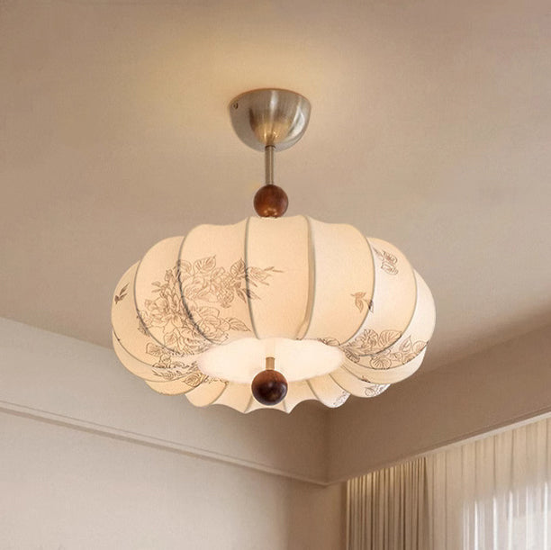 Traditionelle französische Kürbisform Blumenmuster Stoff Massivholz 3/5-Licht Kronleuchter für Wohnzimmer 