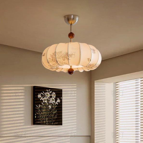 Traditionelle französische Kürbisform Blumenmuster Stoff Massivholz 3/5-Licht Kronleuchter für Wohnzimmer 