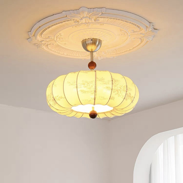 Traditionelle französische Kürbisform Blumenmuster Stoff Massivholz 3/5-Licht Kronleuchter für Wohnzimmer 