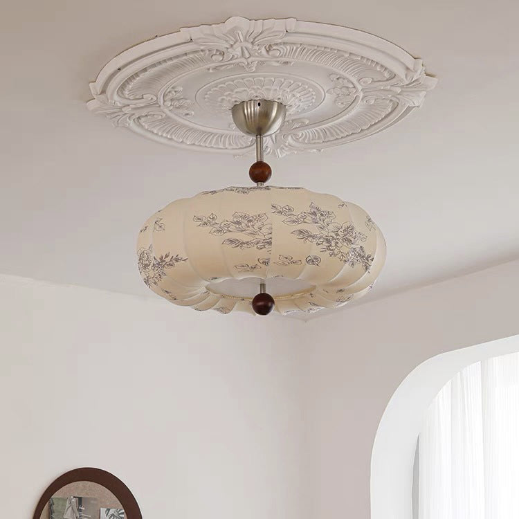 Traditionelle französische Kürbisform Blumenmuster Stoff Massivholz 3/5-Licht Kronleuchter für Wohnzimmer 