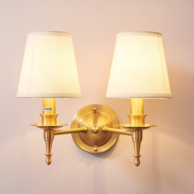 Traditional European Brass Fabric Cylinder Shade 1/2-Light Wall Sconce Lamp For Living Room