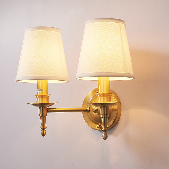 Traditional European Brass Fabric Cylinder Shade 1/2-Light Wall Sconce Lamp For Living Room