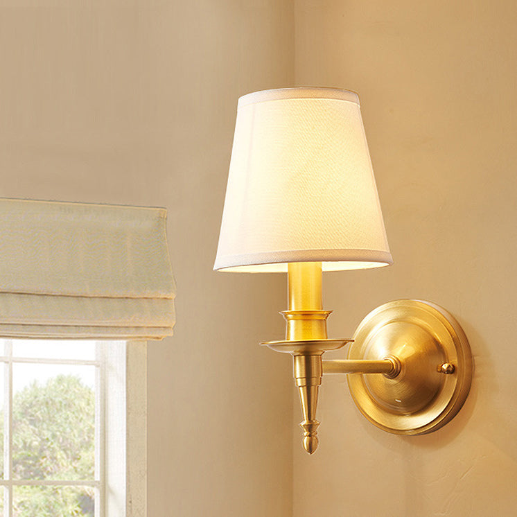 Traditional European Brass Fabric Cylinder Shade 1/2-Light Wall Sconce Lamp For Living Room