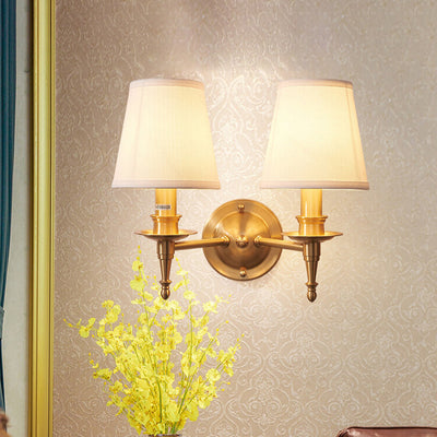 Traditional European Brass Fabric Cylinder Shade 1/2-Light Wall Sconce Lamp For Living Room