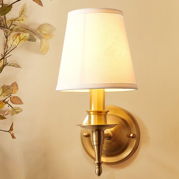 Traditional European Brass Fabric Cylinder Shade 1/2-Light Wall Sconce Lamp For Living Room