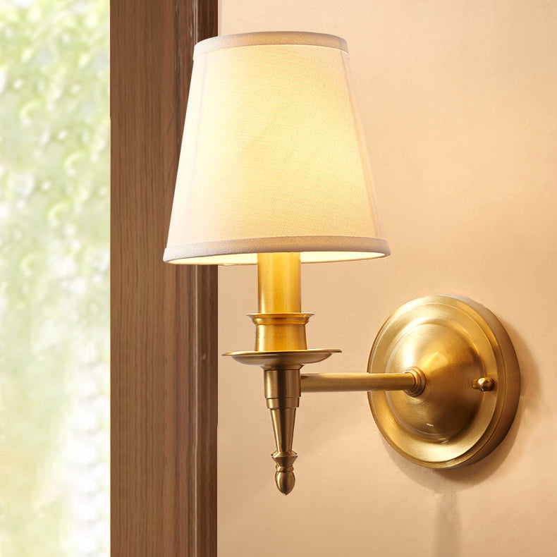 Traditional European Brass Fabric Cylinder Shade 1/2-Light Wall Sconce Lamp For Living Room