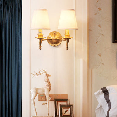 Traditional European Brass Fabric Cylinder Shade 1/2-Light Wall Sconce Lamp For Living Room
