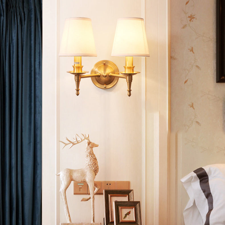 Traditional European Brass Fabric Cylinder Shade 1/2-Light Wall Sconce Lamp For Living Room