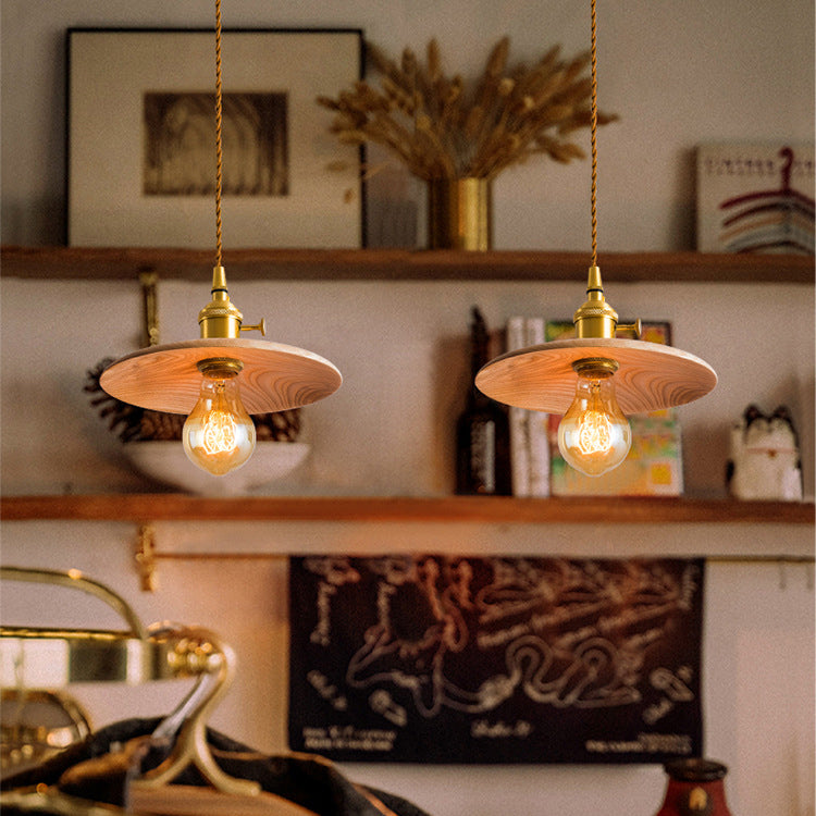 Contemporary Retro Pull Chain Wooden Handle Flying Saucer Brass Wood 1-Light Pendant Light For Dining Room