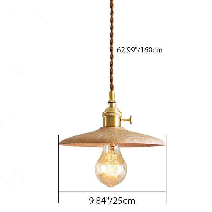 Contemporary Retro Pull Chain Wooden Handle Flying Saucer Brass Wood 1-Light Pendant Light For Dining Room